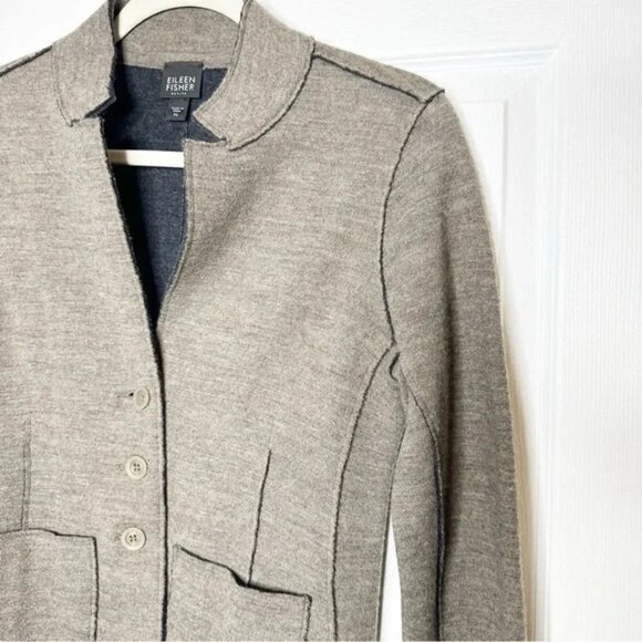 EILEEN FISHER Brown Merino Wool Exposed Seam Button Front Jacket Sz Petite Small - Picture 3 of 6